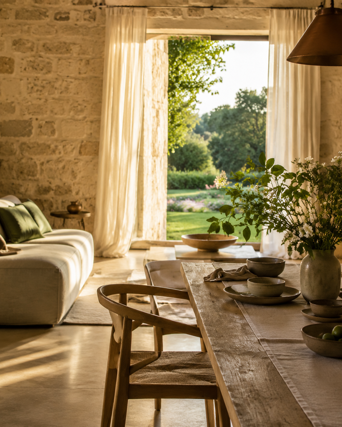 Un intérieur de pierre, de bois et de lin